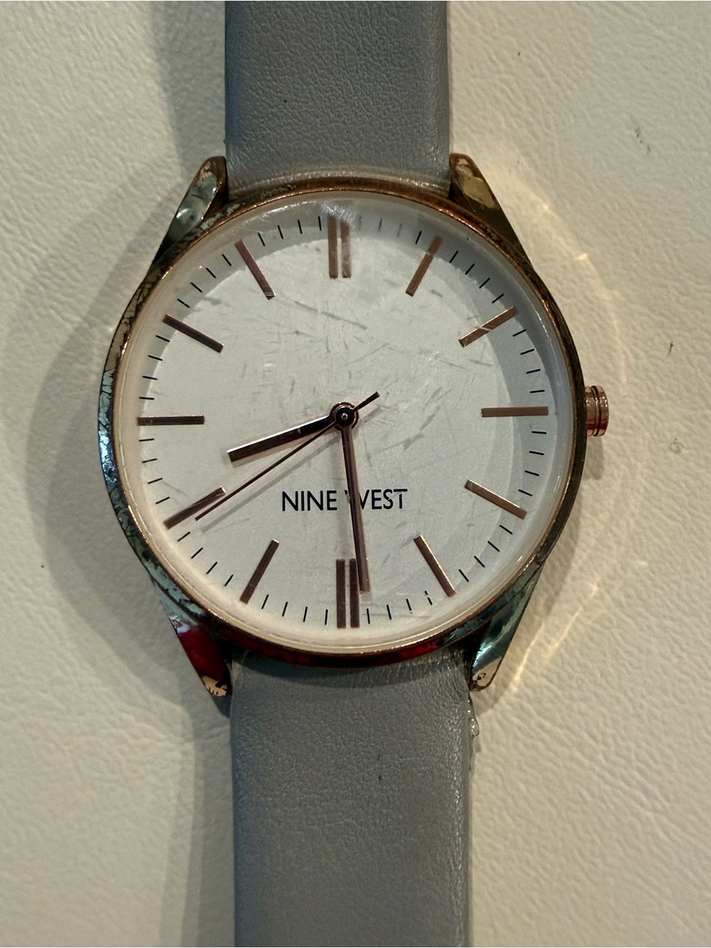 Nine West White Dial Watch with Gray Leather Strap and Gold Accents $20